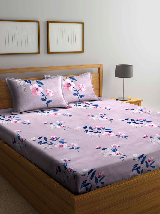Arrabi Grey Floral TC Cotton Blend Double King Size Bedsheet with 2 Pillow Covers (270 x 260 cm)