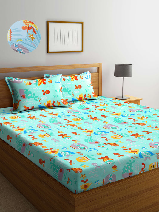 Arrabi Multi Cartoon TC Cotton Blend King Size Fitted Bedsheet with 2 Pillow Covers(250 X 215 Cm )