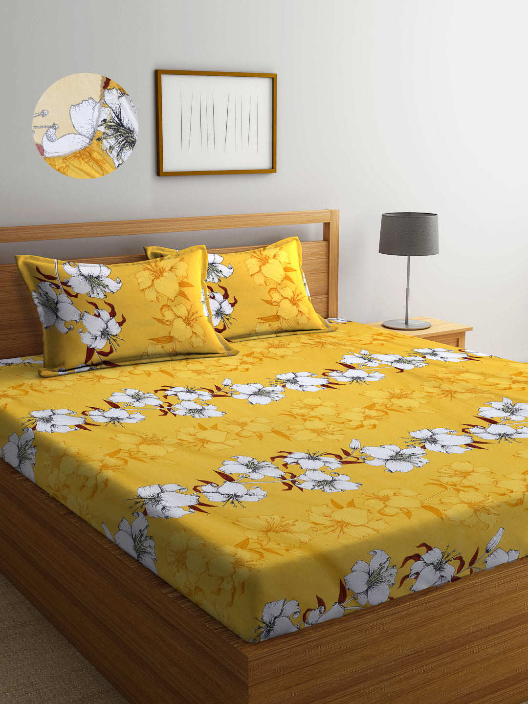 Arrabi Yellow Floral TC Cotton Blend King Size Fitted Bedsheet with 2 Pillow Covers (250 X 215 Cm )