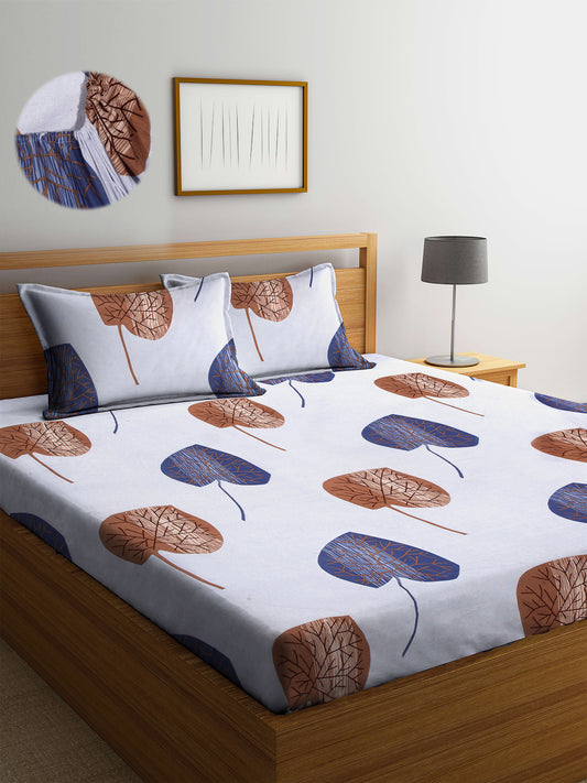 Arrabi Blue Leaf TC Cotton Blend Double Size Fitted Bedsheet with 2 Pillow Cover ( 250 x 225 cm)