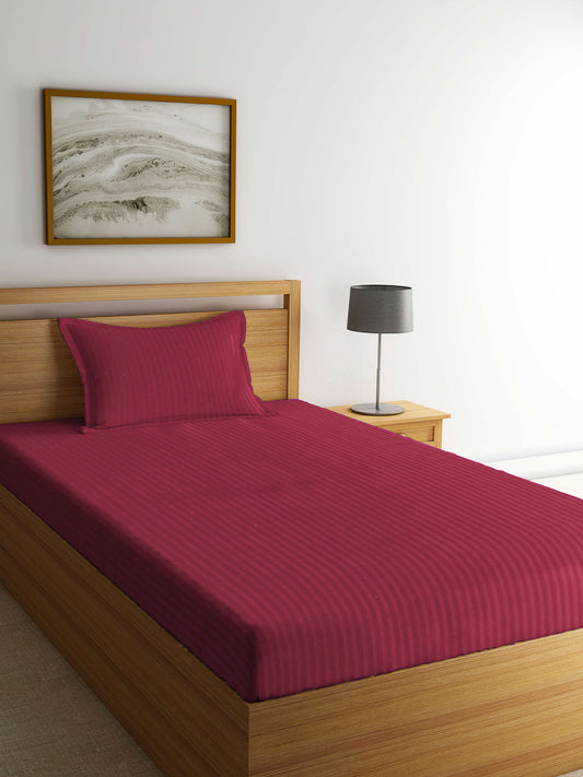 Arrabi Red Stripes TC Cotton Blend Single Size Bedsheet with 1 Pillow Cover (220 X 150 cm)