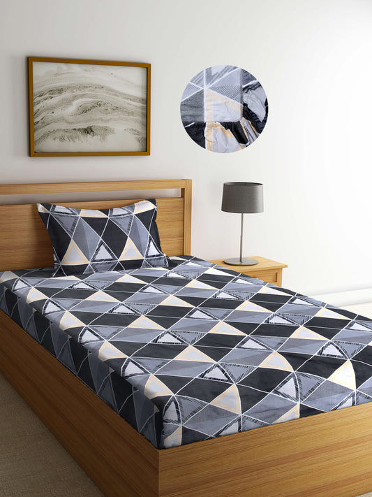 Arrabi Grey Geometric TC Cotton Blend Single Size Fitted Bedsheet with 1 Pillow Cover (220 X 150 cm)