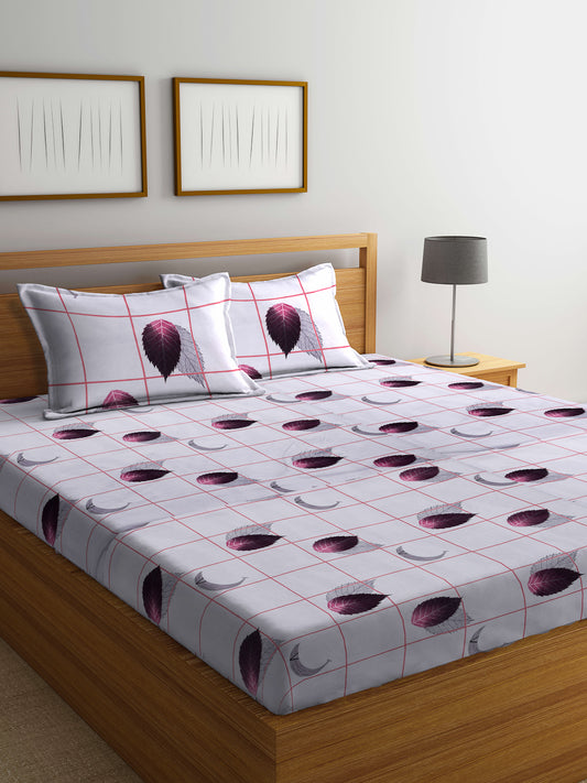 Arrabi Grey Leaf TC Cotton Blend King Size Bedsheet with 2 Pillow Covers (250 X 220 cm)