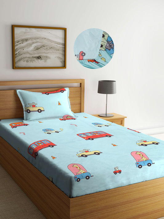 Arrabi Blue Cartoon TC Cotton Blend Single Size Fitted Bedsheet with 1 Pillow Cover (220 X 150 cm)