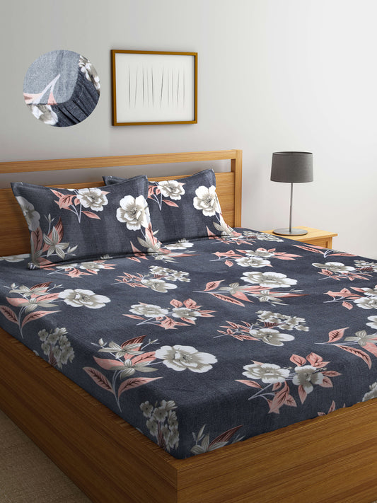 Arrabi Grey Floral TC Cotton Blend King Size Fitted Bedsheet with 2 Pillow Covers (250 X 215 Cm )