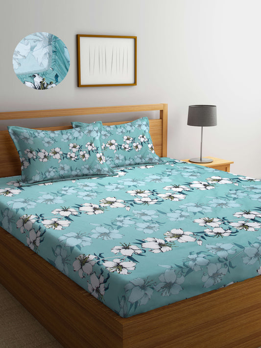Arrabi Green Floral TC Cotton Blend King Size Fitted Bedsheet with 2 Pillow Covers(250 X 215 Cm )