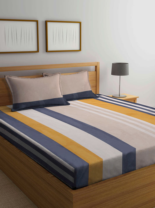 Arrabi Multi Stripes TC Cotton Blend Double King Size Bedsheet with 2 Pillow Covers (270 x 260 cm)