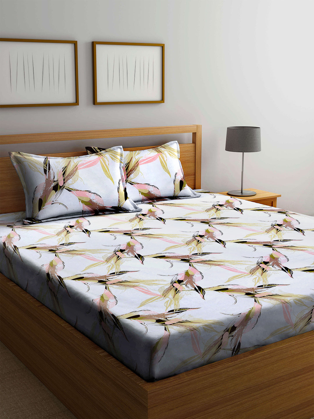 Arrabi Multi Leaf 100% Cotton King Size Double Bedsheet with 2 Pillow Covers (250 X 215 cm)
