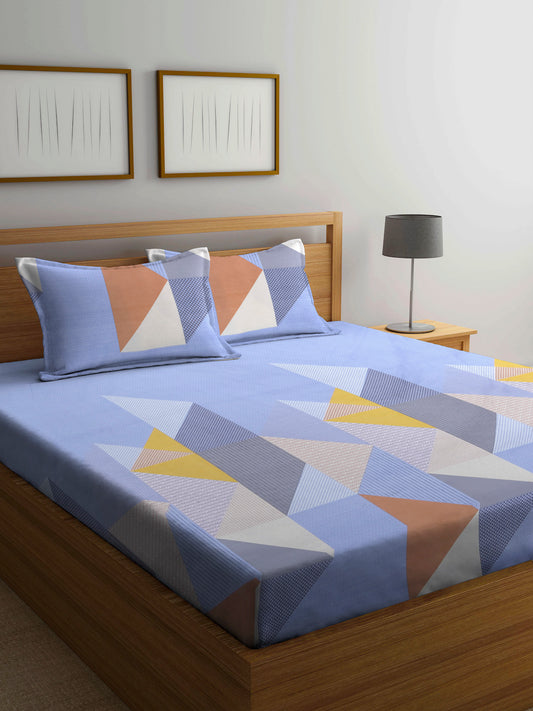 Arrabi Blue Geometric TC Cotton Blend Double King Size Bedsheet with 2 Pillow Covers (270 x 260 cm)
