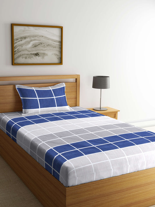 Arrabi Blue Checks TC Cotton Blend Single Size Bedsheet with 1 Pillow Cover ( 220 X 150 cm)
