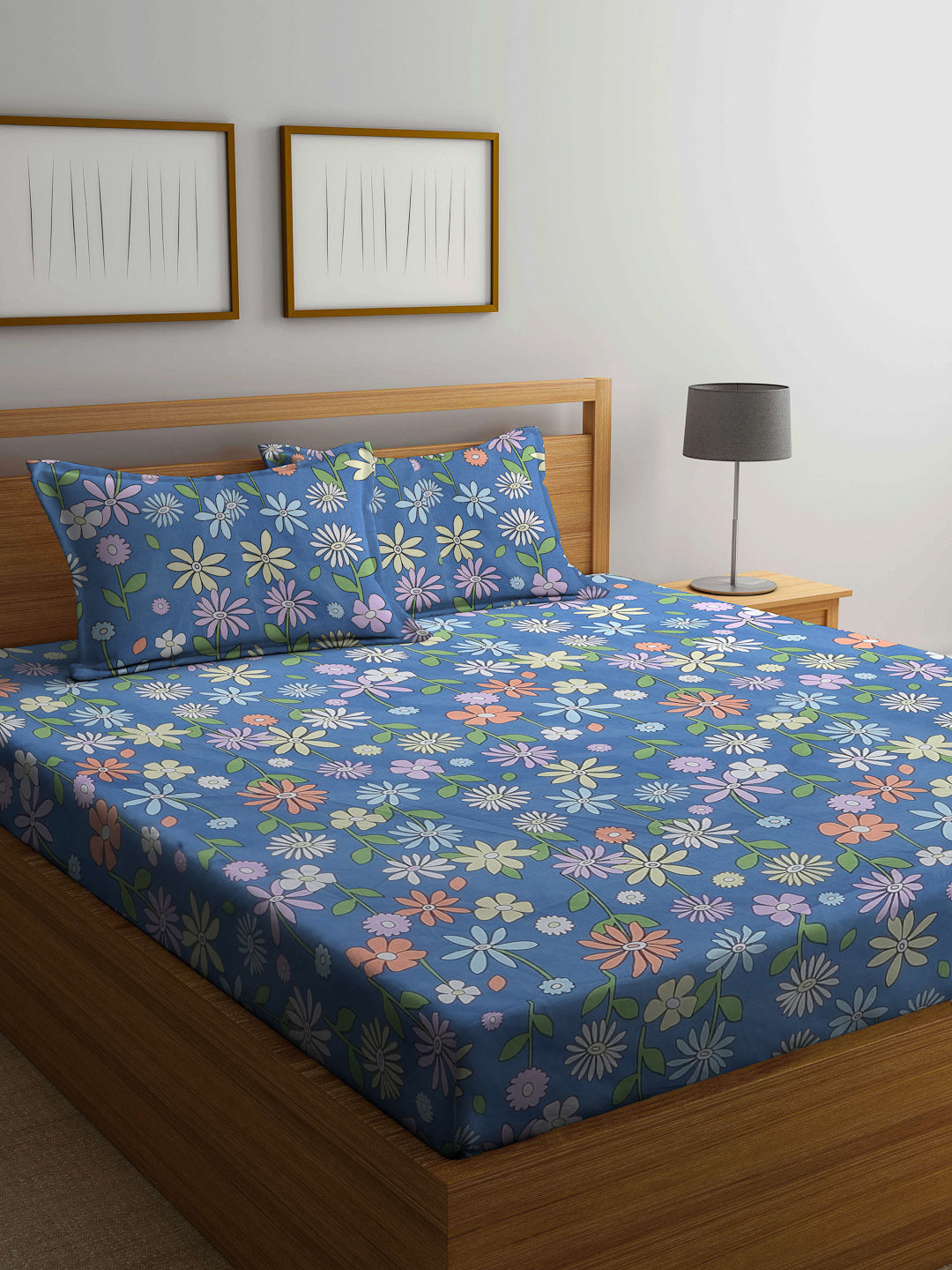 Arrabi Blue Floral TC Cotton Blend Double King Size Bedsheet with 2 Pillow Covers (270 x 260 cm)