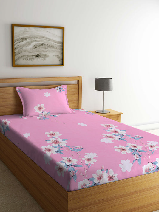 Arrabi Pink Floral TC Cotton Blend Single Size Bedsheet with 1 Pillow Cover (220 X 150 cm)