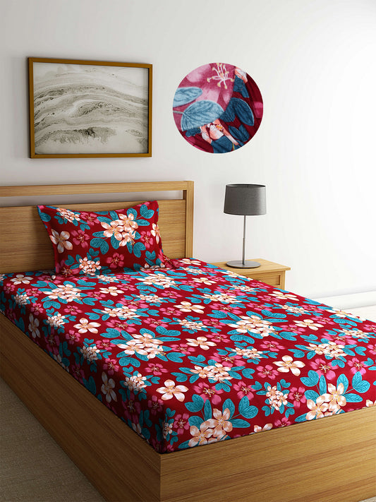 Arrabi Red Floral TC Cotton Blend Single Size Fitted Bedsheet with 1 Pillow Cover (220 X 150 cm)