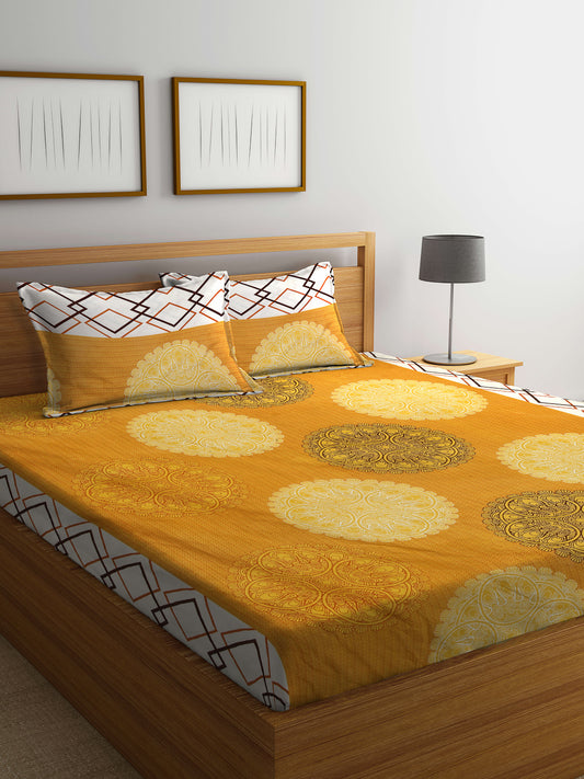 Arrabi Yellow Indian TC Cotton Blend King Size Bedsheet with 2 Pillow Covers (250 X 220 cm)