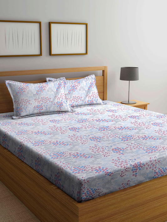 Arrabi White Floral TC Cotton Blend Double King Size Bedsheet with 2 Pillow Covers (270 x 260 cm)