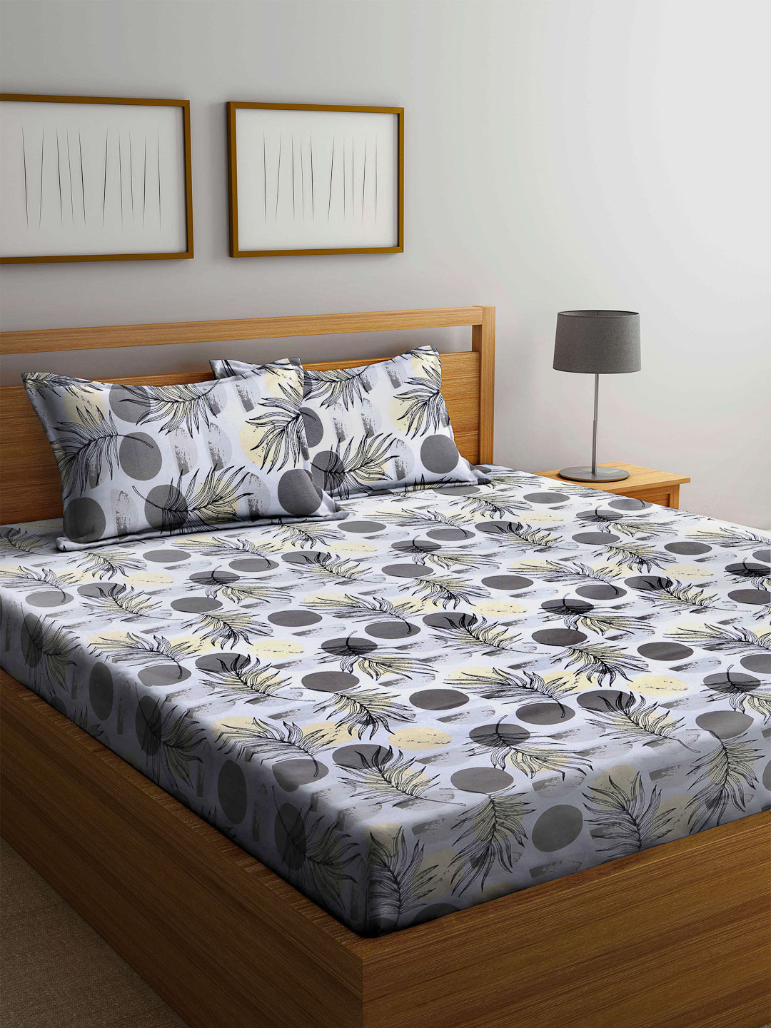 Arrabi Grey Floral 100% Cotton King Size Double Bedsheet with 2 Pillow Covers (250 X 215 cm)