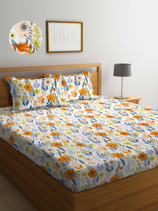 Arrabi Cream Floral TC Cotton Blend Super King Size Fitted Bedsheet with 2 Pillow Covers(270 X 260 Cm )