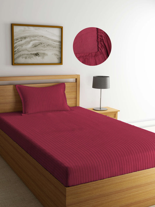 Arrabi Red Stripes TC Cotton Blend Single Size Fitted Bedsheet with 1 Pillow Cover (220 X 150 cm)