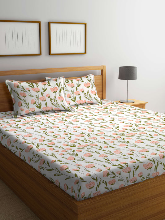 Arrabi Cream Floral TC Cotton Blend King Size Bedsheet with 2 Pillow Covers (250 X 215 cm)