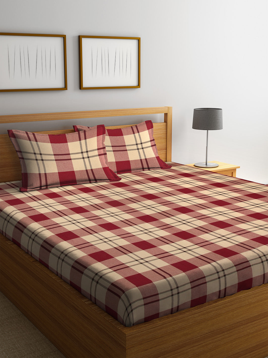Arrabi Red & Cream Check Handwoven Cotton Double King Size Bedsheet with 2 Pillow Covers (270 x 270 cm)