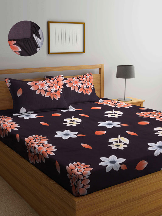 Arrabi Brown Floral TC Cotton Blend King Size Fitted Bedsheet with 2 Pillow Covers (250 X 220 Cm )