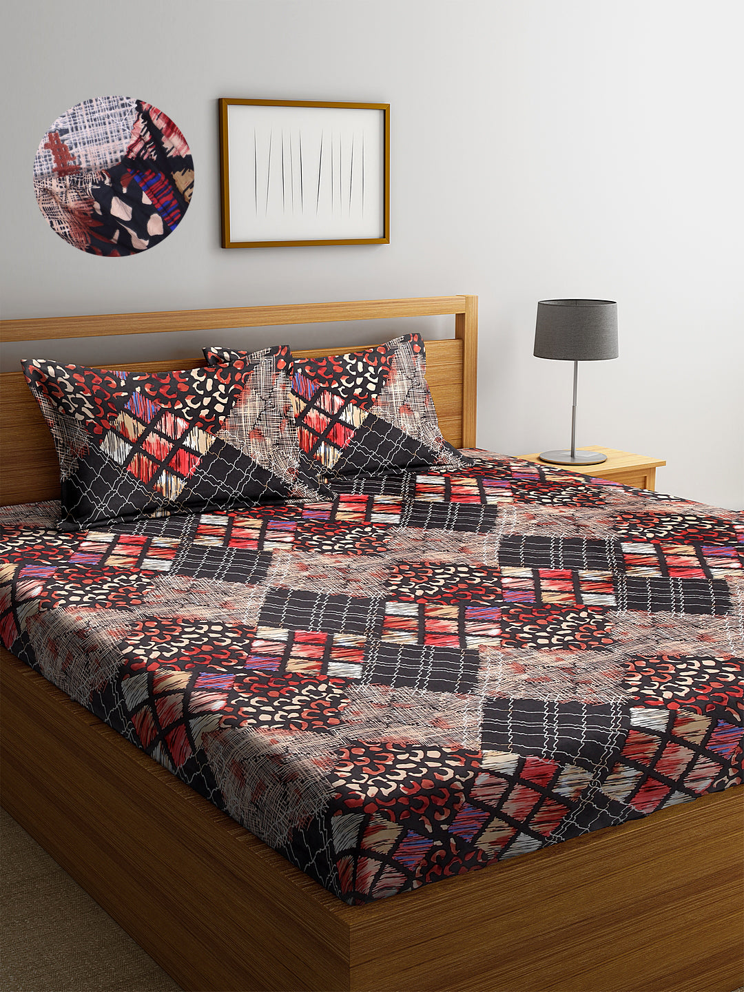 Arrabi Multi Abstract TC Cotton Blend Double Size Fitted Bedsheet with 2 Pillow Covers (250 X 220 cm)