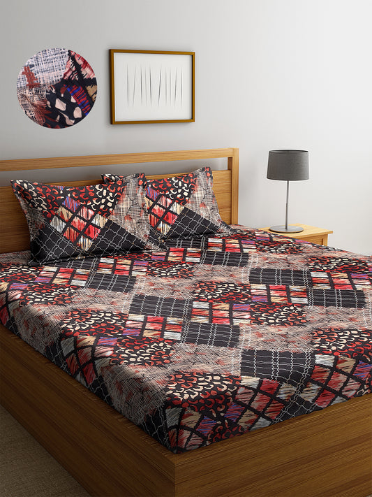Arrabi Multi Abstract TC Cotton Blend Double Size Fitted Bedsheet with 2 Pillow Covers (250 X 220 cm)