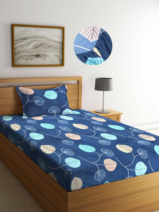 Arrabi Blue Leaf TC Cotton Blend Single Size Fitted Bedsheet with 1 Pillow Cover (220 X 150 cm)