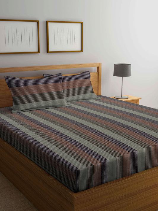 Arrabi Multi Stripes Handwoven Cotton Super King Size Bedsheet with 2 Pillow Covers (270 X 260 cm)