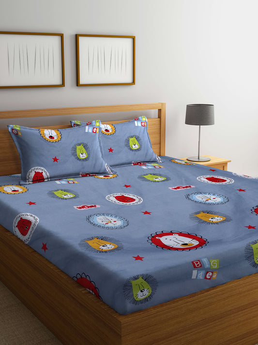 Arrabi Grey Cartoon TC Cotton Blend King Size Bedsheet with 2 Pillow Covers (250 X 215 cm)