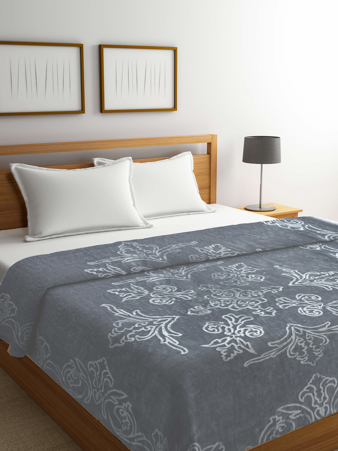 Arrabi Grey Floral Wool Blend 950 GSM Full Size Double Bed Blanket (220 X 200 cm)