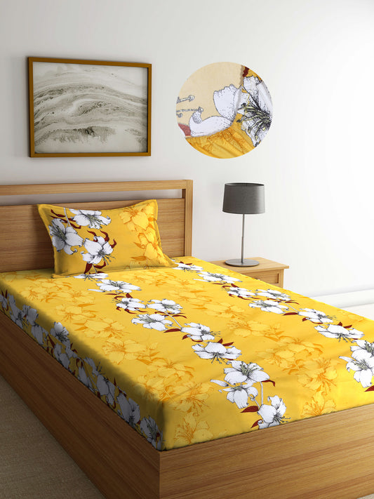 Arrabi Yellow Floral TC Cotton Blend Single Size Fitted Bedsheet with 1 Pillow Cover (220 X 150 cm)