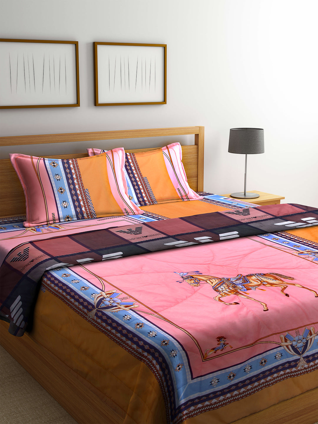 Arrabi Multi Horse Cotton Blend Double Size Comforter Bedding Set with 2 Pillow Cover (235 x 215 cm)