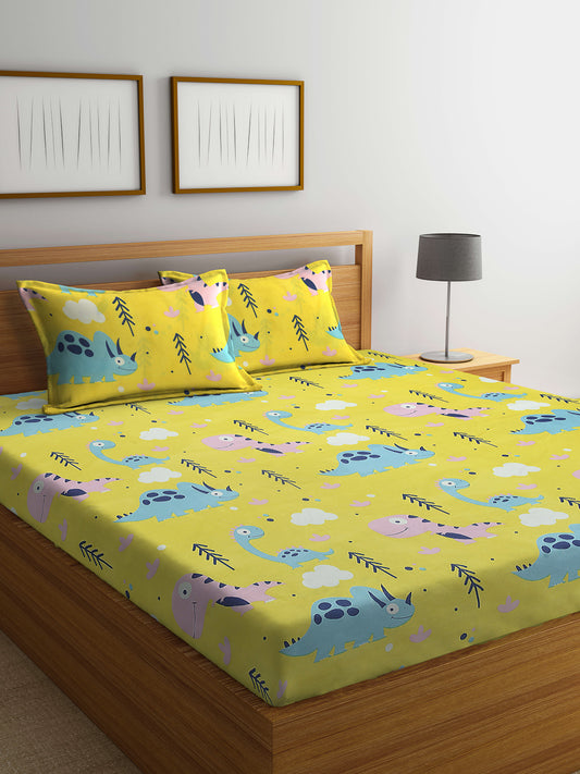 Arrabi Yellow Cartoon TC Cotton Blend King Size Bedsheet with 2 Pillow Covers (250 X 215 cm)