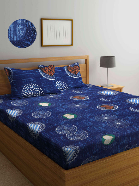 Arrabi Blue Graphic TC Cotton Blend King Size Fitted Bedsheet with 2 Pillow Covers (250 X 220 Cm )