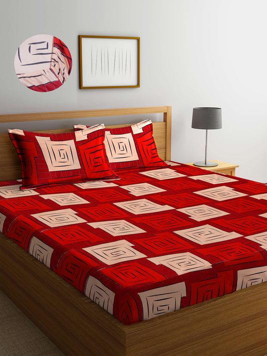 Arrabi Red Geometric TC Cotton Blend King Size Fitted Bedsheet with 2 Pillow Covers (250 X 215 Cm )
