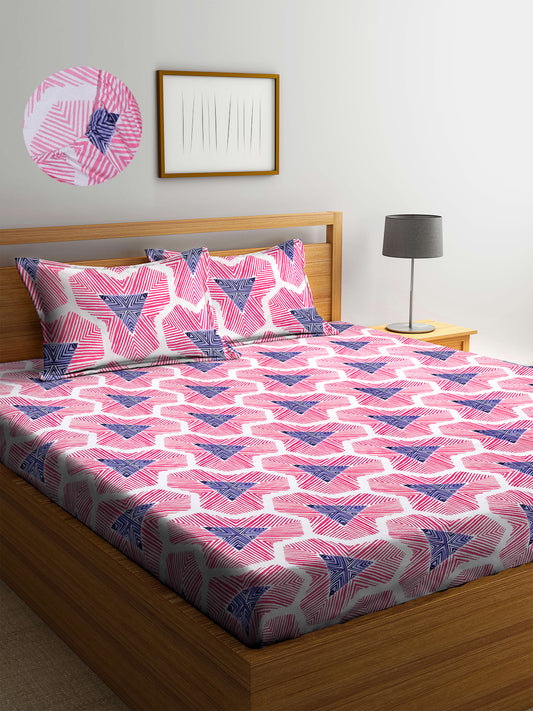 Arrabi Pink Graphic TC Cotton Blend King Size Fitted Bedsheet with 2 Pillow Covers (250 X 215 Cm )