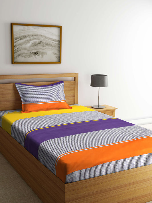 Arrabi Multi Stripes TC Cotton Blend Single Size Bedsheet with 1 Pillow Cover ( 215 X 150 cm)