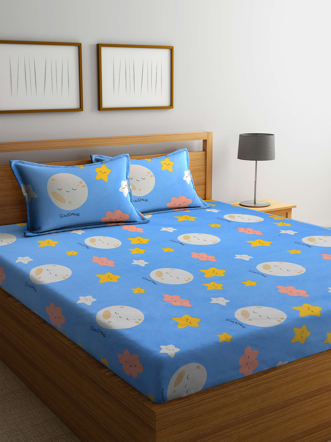 Arrabi Blue Moon & Star TC Cotton Blend King Size Bedsheet with 2 Pillow Cover (255 x 225 cm)