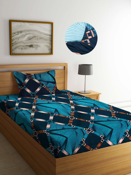 Arrabi Blue Graphic TC Cotton Blend Single Size Fitted Bedsheet with 1 Pillow Cover (220 X 150 cm)