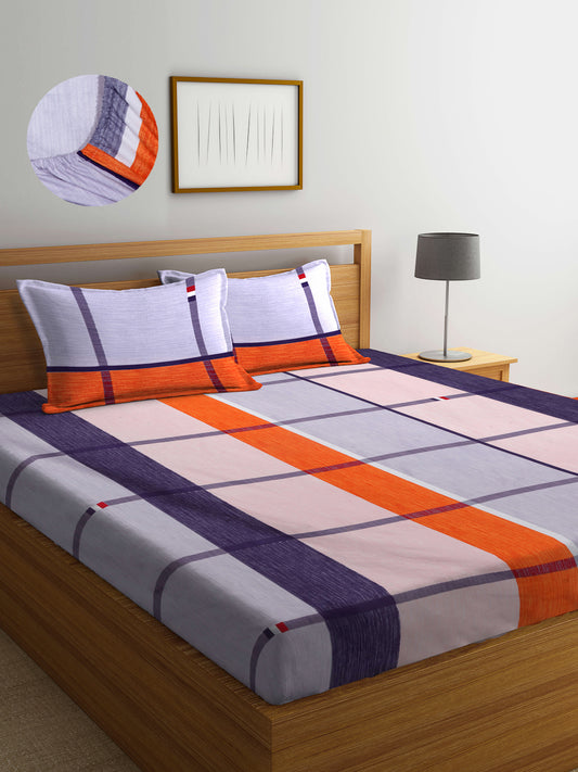Arrabi Multi Checks TC Cotton Blend King Size Fitted Bedsheet with 2 Pillow Covers (250 X 215 Cm )