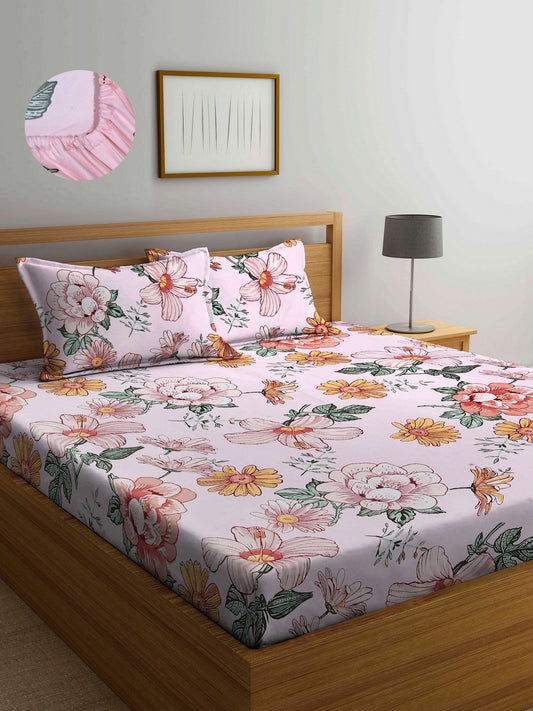 Arrabi Multi Floral TC Cotton Blend King Size Fitted Bedsheet with 2 Pillow Covers (250 X 220 Cm )