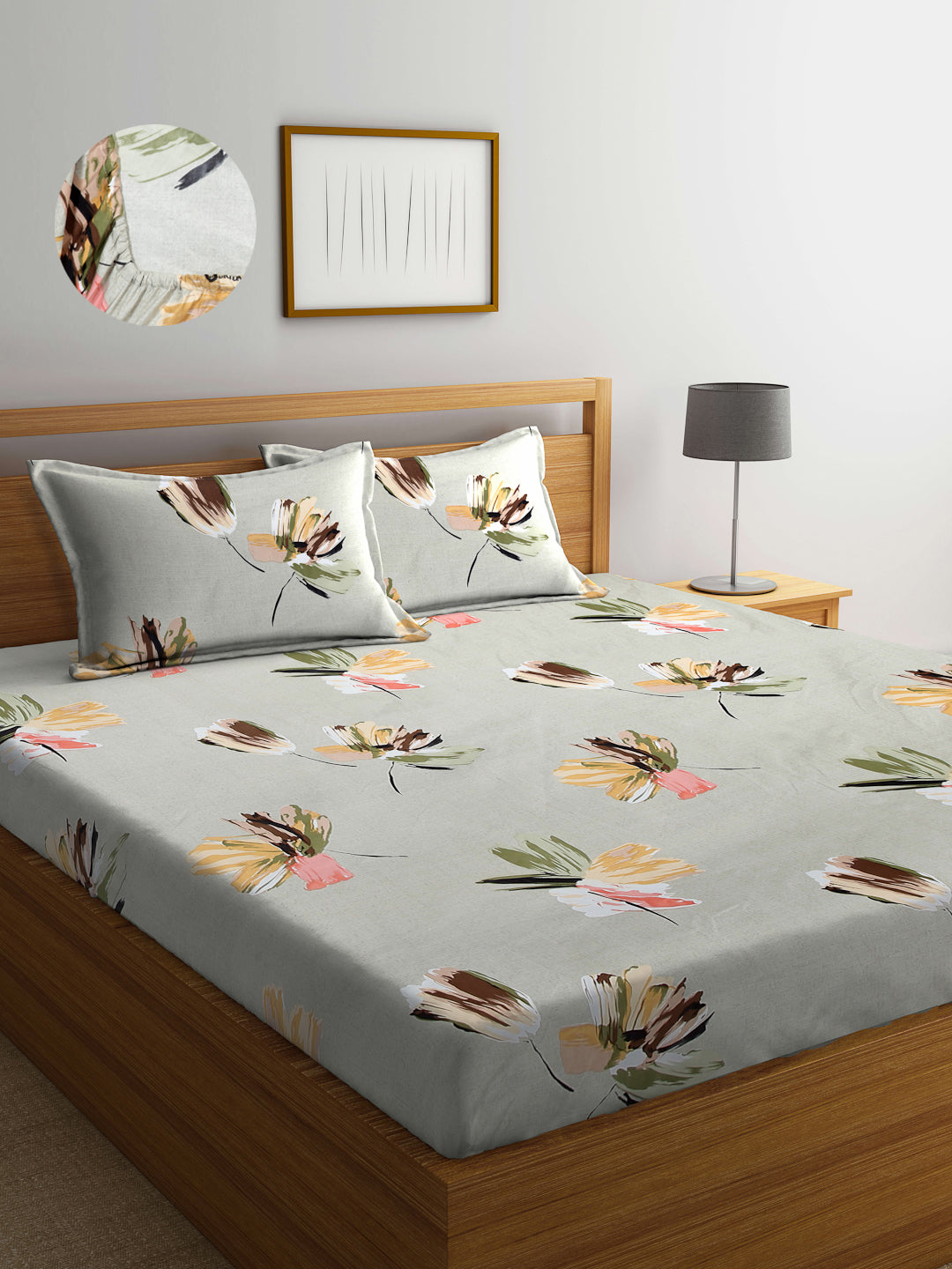 Arrabi Green Floral TC Cotton Blend King Size Fitted Bedsheet with 2 Pillow Covers (250 X 220 Cm )