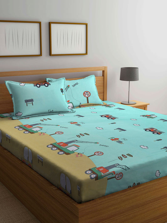 Arrabi Green Cartoon TC Cotton Blend Double Size Bedsheet with 2 Pillow Covers