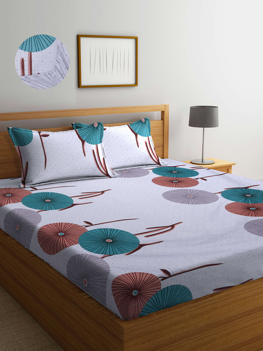 Arrabi Grey Floral TC Cotton Blend King Size Fitted Bedsheet with 2 Pillow Covers (250 X 220 Cm )
