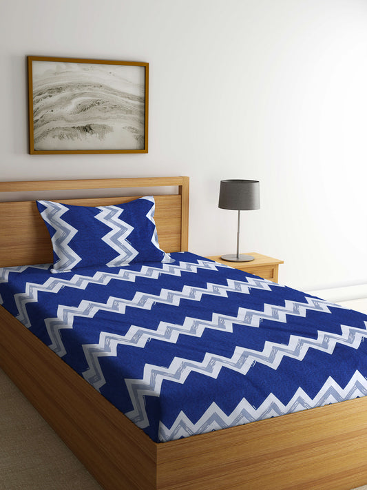 Arrabi Blue Geometric TC Cotton Blend Single Size Bedsheet with 1 Pillow Cover (220 X 150 cm)