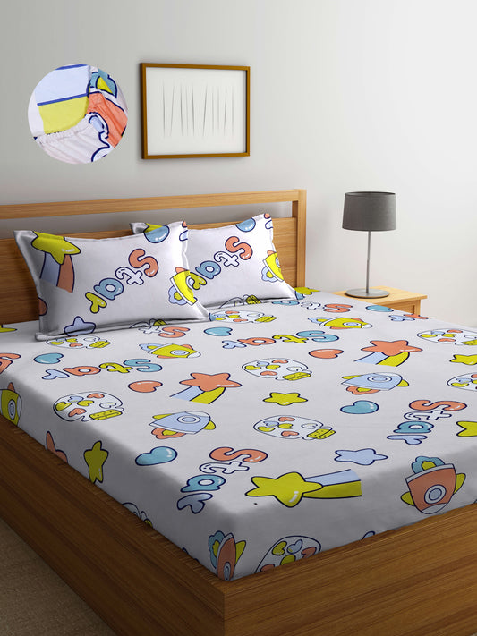 Arrabi Beige Cartoon TC Cotton Blend King Size Fitted Bedsheet with 2 Pillow Covers(250 X 215 Cm )