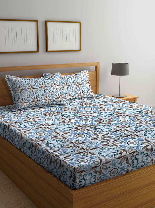 Arrabi Multi Indian TC Cotton Blend Double Size Bedsheet with 2 Pillow Covers (250 x 220 cm)