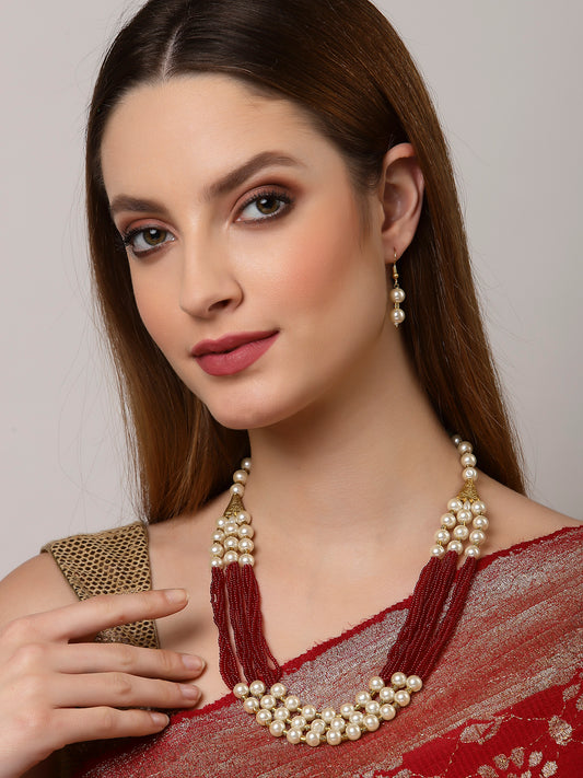 Arrabi  Red Meenakari Jewellery Set with 2 Earrings (30 cm)