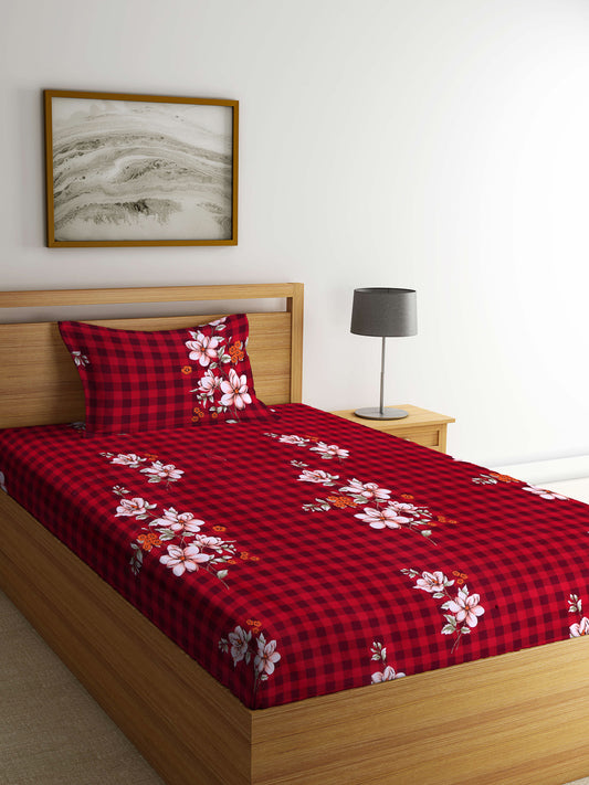 Arrabi Red Floral TC Cotton Blend Single Size Bedsheet with 1 Pillow Cover (220 X 150 cm)